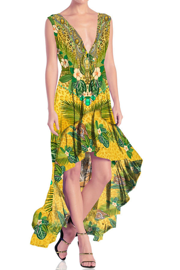 Tiger Print Maxi Hi Low Dress in Yellow