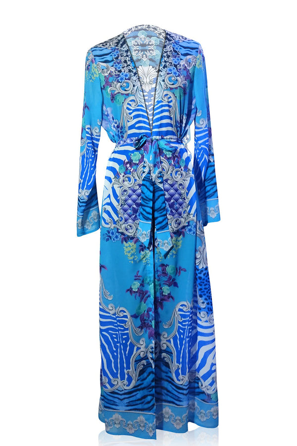 Long Duster in Aqua Blue Print