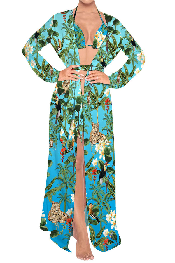 Printed Long Duster in Sky Azure