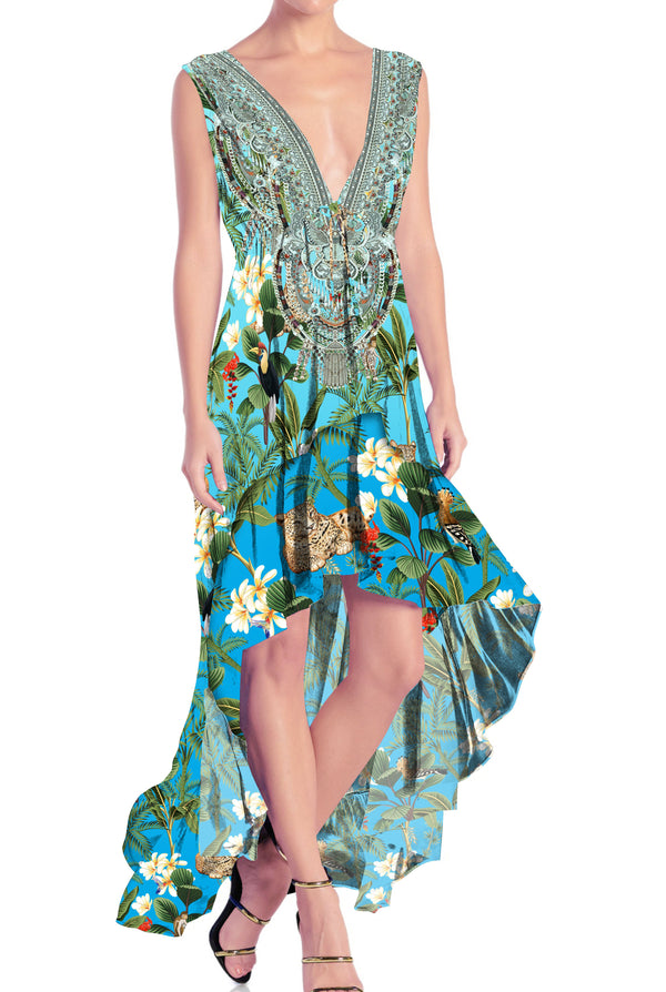 Printed Hi-Low Dress in Sky Azure
