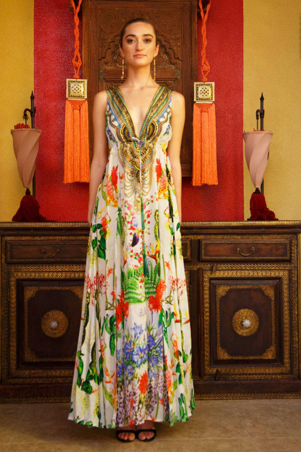 White and Green Cactus Print Maxi Dress